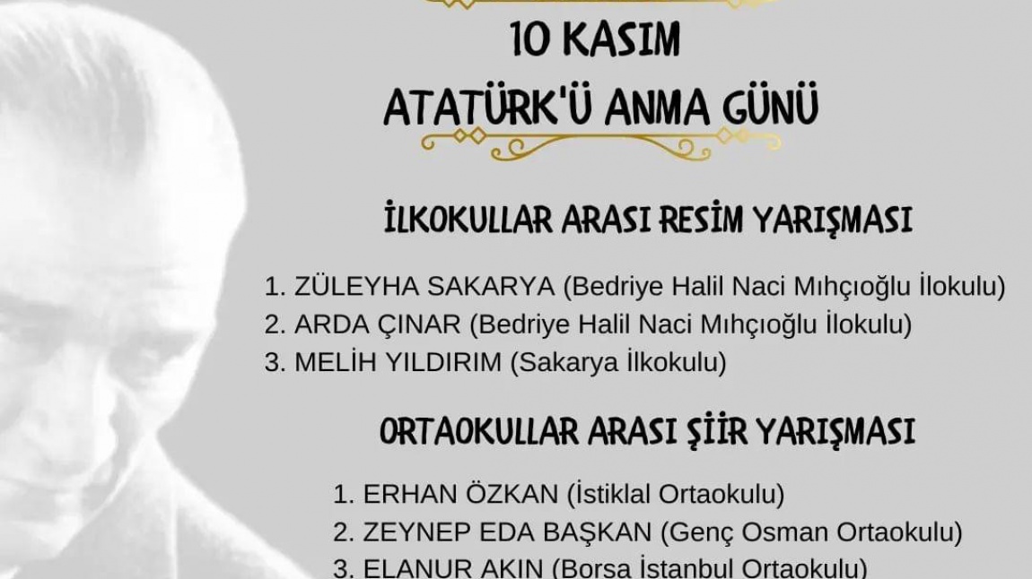 10 Kasım Atatürk'ü Anma Günü Şiirde Derece